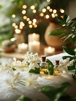 Aromatic massage oils in glass bottles with fresh jasmine flowers on white towel, burning candles and soft bokeh lights creating spa atmosphere.