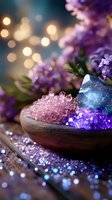 Colorful healing crystals and mineral stones in wooden bowl with purple flowers and soft bokeh lights creating magical spa atmosphere for wellness decor.