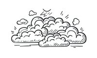 Hand drawn cumulus clouds with wind and weather elements in minimalist black line art style on white background, isolated design element for creative projects.