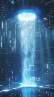 Futuristic blue energy beam in high-tech digital environment with glowing light shaft connecting ceiling and floor in sci-fi interior.