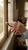 Senior man using smartphone at home window with natural light streaming in creating warm atmosphere for digital communication and technology.