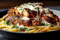 Grilled blackened shrimp over creamy fettuccine pasta with white sauce, fresh herbs and parmesan cheese served on dark plate, close up food photography.