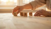 Businessman hands arranging wooden cubes with business icons on desk in warm office light representing strategy planning and decision making process.