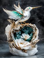 Luxurious hummingbird sculpture with pearl white and turquoise accents, adorned with crystals, perched on an ornate floral base featuring delicate blooms and geode details.