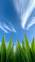 Fresh green grass blades reaching upward against vibrant blue sky with wispy cirrus clouds, creating natural minimalist composition for environmental themes.