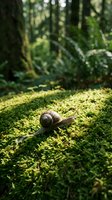 Garden snail crawling on green moss in sunlit forest with blurred trees creating peaceful natural woodland scene for environmental and wildlife concepts.