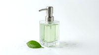 Green liquid soap dispenser with pump on white marble surface next to fresh leaf for bathroom or kitchen hygiene and cleanliness concepts.
