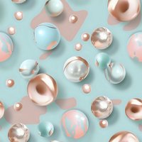 Abstract composition with floating spheres and pearls in rose gold, mint blue, and soft pink colors on pastel background, modern luxury design pattern.