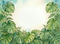 Lush tropical monstera leaves frame a serene cream background, creating an elegant botanical border ideal for invitations, posters, and design projects.