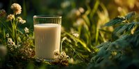 Glass of fresh milk standing in green grass with white clover flowers at sunset, natural dairy product in outdoor setting.