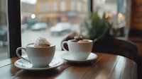 Two coffee cups with latte art on wooden table by cafe window, cozy atmosphere for morning break or business meeting in urban coffee shop setting.