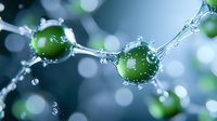Fresh green spheres connected by dynamic water splashes and droplets on dark background with bokeh effect, creating molecular structure appearance.