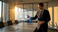 Professional businessman in dark suit interacting with holographic justice scales interface in modern office conference room with natural lighting.