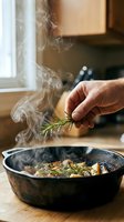 Close-up of male hand adding fresh rosemary to sizzling food in black wok pan with steam rising, kitchen cooking scene for culinary and food preparation content.