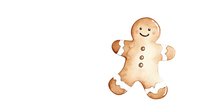 Watercolor gingerbread man cookie with smiling face and brown buttons, hand drawn holiday character on white background, isolated festive design element.