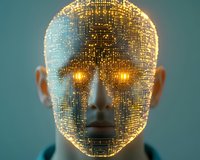 Glowing digital circuit pattern overlaid on face with illuminated eyes creates futuristic artificial intelligence visualization against dark background.