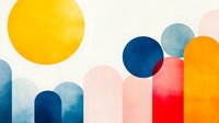 Minimalist abstract geometric composition with curved shapes and circles in yellow, blue, red, and orange colors on white background. Modern art style pattern.