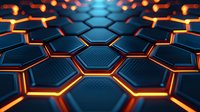 Futuristic hexagonal grid pattern with glowing orange edges against dark blue metallic surface creates dynamic technological background for modern designs.