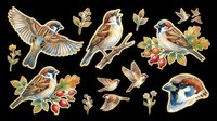 Sparrow sticker set isolated on transparent background, featuring birds in flight, perched poses, berries and leaves, ready for scrapbooking, t-shirt design, and print on demand.