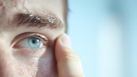Close-up view of person rubbing tired eye with finger showing eye strain, fatigue and vision problems against soft blue background. Medical concept.