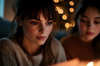 Young woman with bangs in cozy sweater illuminated by warm candlelight and bokeh lights in background, creating intimate atmospheric evening mood.
