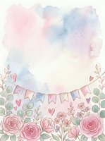 Watercolor floral frame with pink roses, botanical leaves, and bunting banner on isolated white background. Perfect for invitations, greeting cards, and design projects.