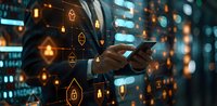 Businessman using mobile phone with digital security icons overlay, cybersecurity concept. Modern technology protection system for safe digital data access and privacy.