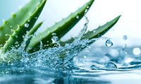 Fresh aloe vera leaves with pure water splash and droplets in macro view, natural organic skincare concept on blue background with bokeh effect.