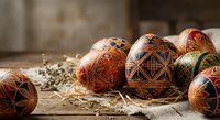Traditional Ukrainian pysanky Easter eggs with intricate geometric patterns and vibrant colors displayed on rustic wooden surface with straw decoration.