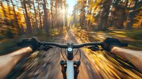 First-person view of mountain bike handlebars racing through autumn forest trail with golden sunlight streaming through pine trees, creating dynamic motion blur effect.