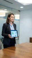Middle-aged Caucasian businesswoman in dark blazer and light blue shirt holding tablet displaying analytics dashboard with checkmark and chart icons in modern office setting.