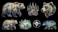 Watercolor bear illustrations including adult and cub figures, paw print, forest elements, and nautical compass. Isolated on transparent background, ready for t-shirt design, clipart, stickers, sublimation, and print-on-demand projects.