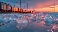 Shattered ice fragments reflecting colorful sunset sky with silhouette of freight train in background, creating dramatic winter transportation scene.