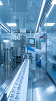 Pharmaceutical technician in protective suit operating automated production line in sterile cleanroom facility for drug manufacturing and quality control.