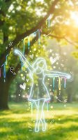 Glowing neon outline of joyful woman with arms outstretched surrounded by colorful dripping paint effects and hearts in sunny park setting.
