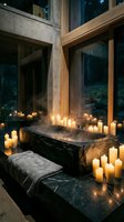 Luxurious spa bathroom with natural stone bathtub surrounded by glowing candles, steam rising, large windows overlooking forest at night, modern minimalist design with wood and concrete elements.