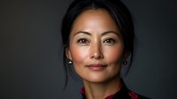 Asian woman with confident expression wearing red and black attire against dark background, professional corporate headshot style portrait with dramatic lighting and soft shadows.