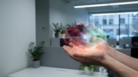 Businessman hands holding colorful holographic data visualization in modern office environment with digital technology innovation concept.
