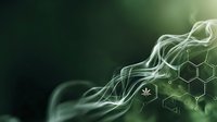 Elegant white smoke waves with cannabis leaf and molecular structure on dark green background for medical marijuana research.