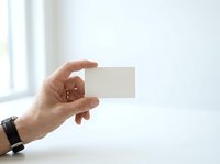 Caucasian male hand holding blank business card or empty beige paper against white background, suitable for branding, corporate identity, and marketing mockup designs.