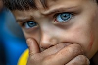 Close-up portrait showing intense blue eyes and hand covering mouth, expressing fear, anxiety or emotional distress. Dramatic lighting emphasizes vulnerability.