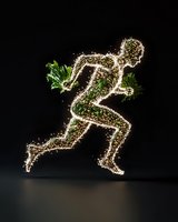 Glowing runner silhouette made of sparkling particles and green leaves against dark background, representing natural energy and vitality in sports and fitness.