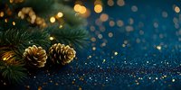 Christmas pine cones and fir branches on dark blue glitter background with golden bokeh lights, creating festive holiday atmosphere.
