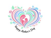 Colorful heart design with mother and child silhouette surrounded by flowers and leaves for Mother's Day celebration cards and gifts.