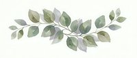 Watercolor botanical branch with soft green and lavender leaves on white isolated background, suitable for design projects and decorative applications.