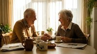 Two senior men enjoying coffee and conversation at kitchen table in warm sunlit home interior with plants and newspapers creating cozy morning atmosphere.