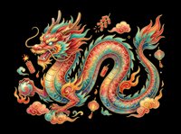 Vibrant Asian dragon with flowing mane, scales in red, gold, and turquoise, surrounded by decorative lanterns and clouds. Isolated on transparent background, ready for t-shirts, stickers, sublimation, and print-on-demand designs.