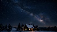Cozy cabin glowing warmly beneath the Milky Way galaxy, surrounded by snow-covered evergreen trees under a starlit night sky. Perfect for winter travel, astronomy, and holiday themes.