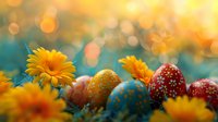 Colorful painted Easter eggs nestled among vibrant yellow gerbera daisies against blurred bokeh background in warm spring sunlight. Perfect for holiday celebrations.