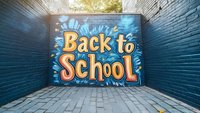 Colorful graffiti art with Back to School text on blue brick wall in urban alley setting with dramatic perspective and sunlight creating atmospheric mood.
